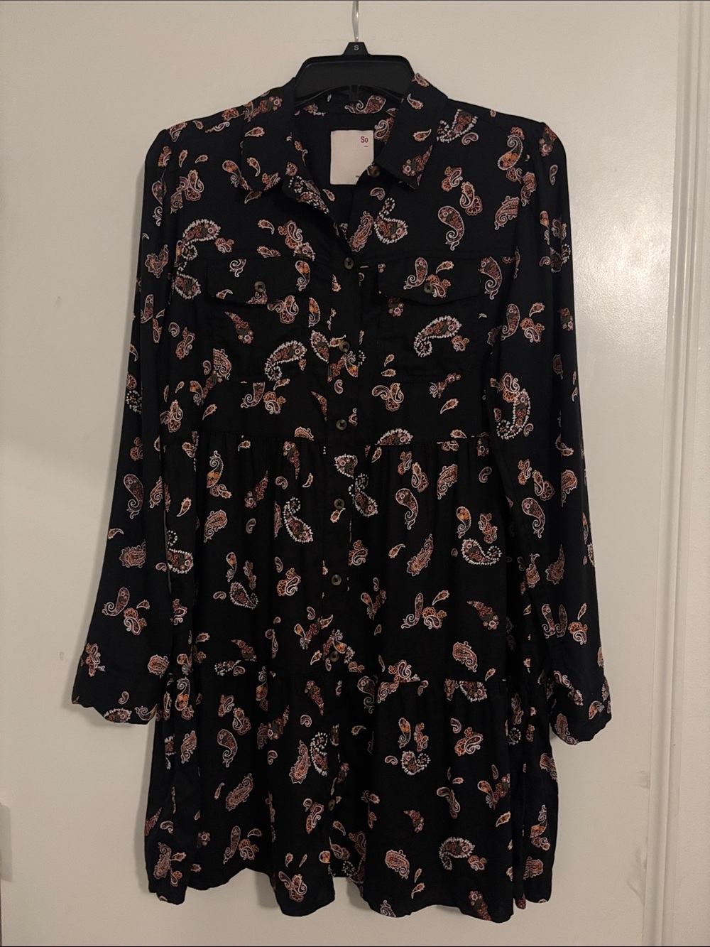 SO Black Paisley Long-Sleeve Button-Front Dress